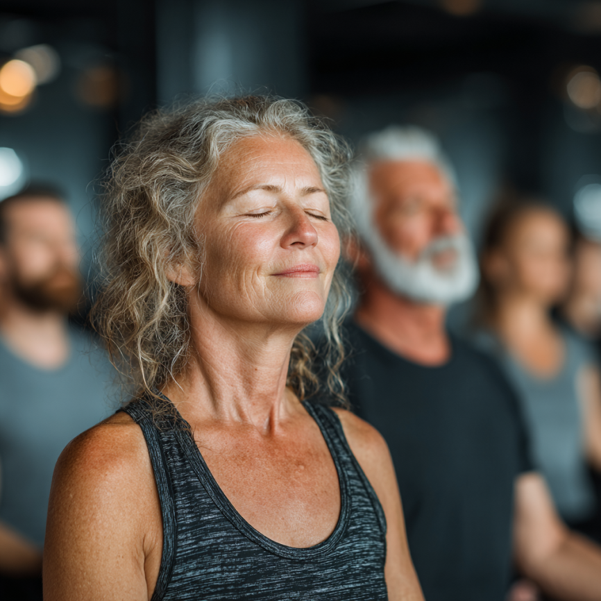 Старші люди займаються йогою в парку